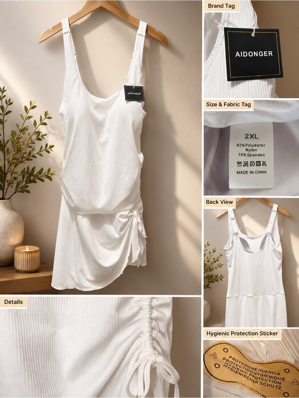 Women’s White Ribbed Tank Swimdress with Side Tie & Tummy Control